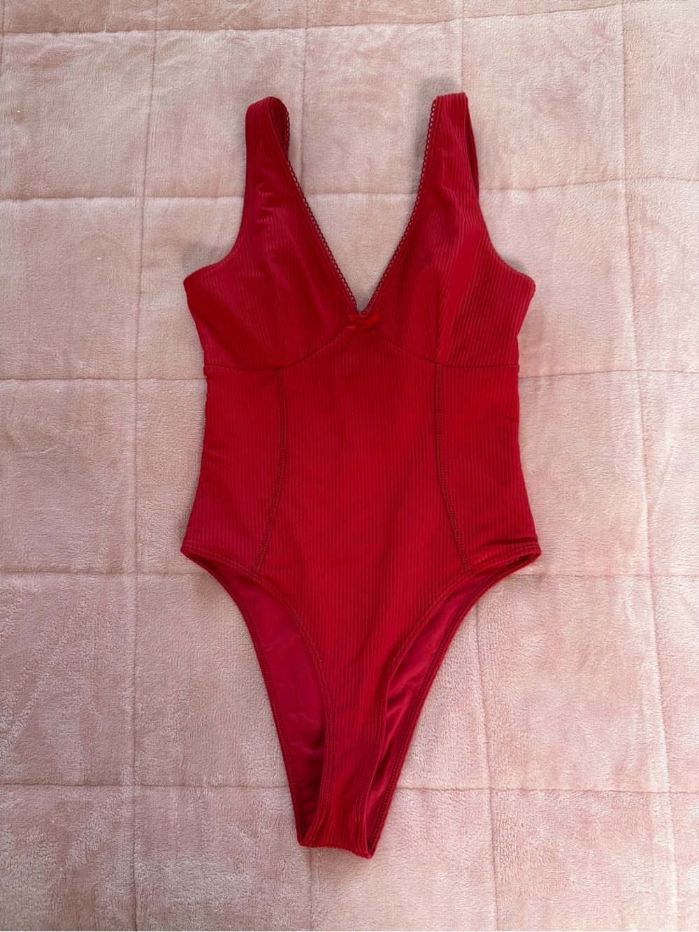 Frankie's Bikinis Red Ribbed V-Neck Kids One-Piece
